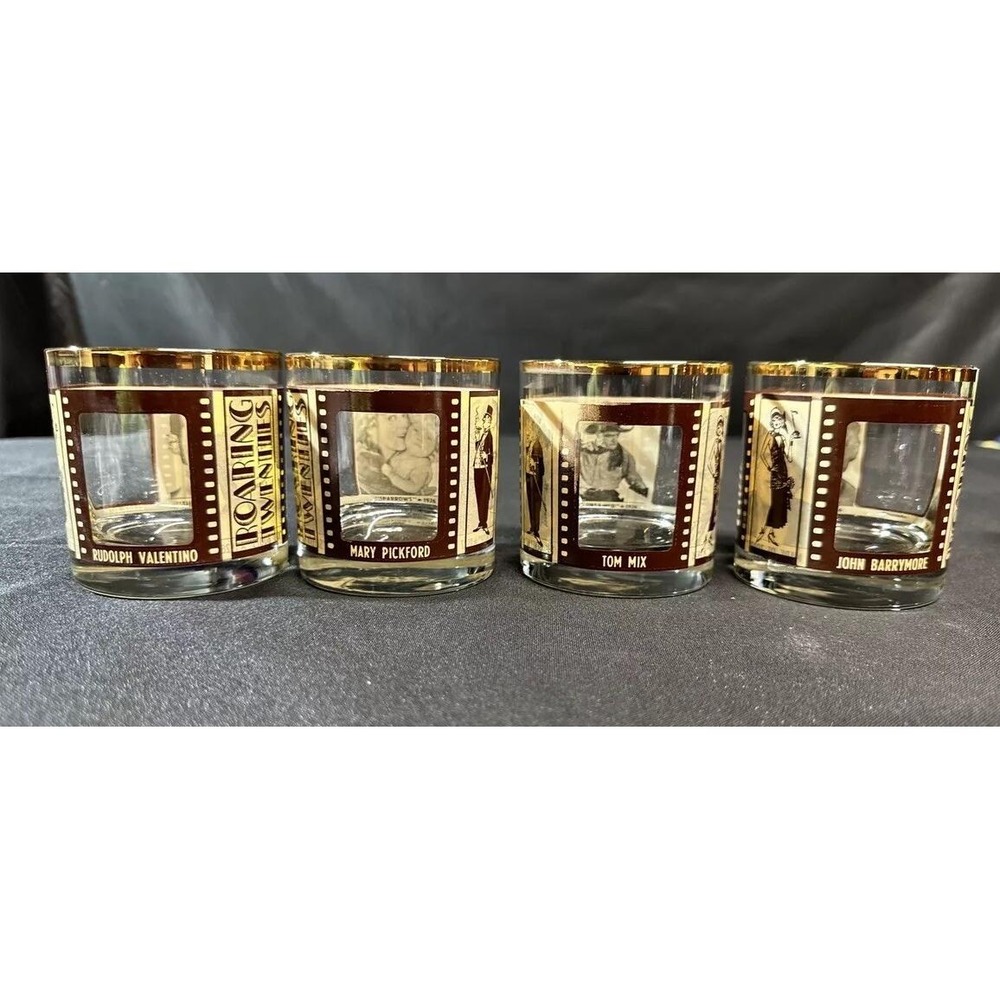 VTG HouzeArt Whiskey Glasses Silent Movie Roaring 20's Actors Barware Set Of 4